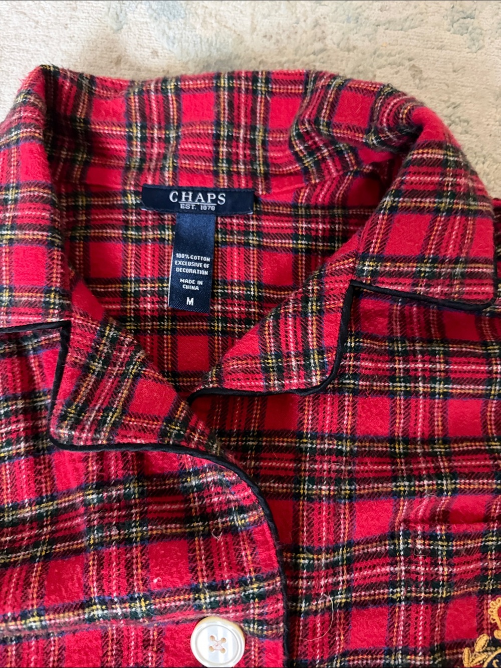 Chaps Red and Black Plaid Button-Down Shirt with Embroidered Crest - Picture 3 of 3
